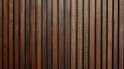 
A mahogany dark wood vertical slat wall covering provides a rich and elegant backdrop. The individual slats, arranged vertically, exhibit a deep, warm tone with subtle variations in color and grain, 