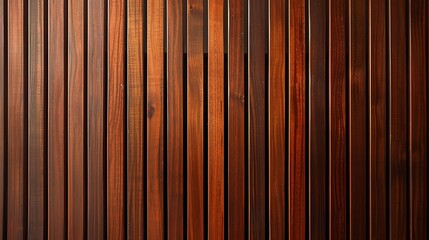 
A mahogany dark wood vertical slat wall covering provides a rich and elegant backdrop. The individual slats, arranged vertically, exhibit a deep, warm tone with subtle variations in color and grain, 