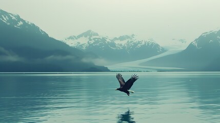 Obraz premium Bald eagle soaring over Alaska Bay near Homer.