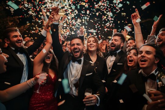 Exciting party with friends, confetti, celebrations, happiness, camaraderie. Lets have a great time together Get ready for a night filled with laughter, joy, surrounded by friends