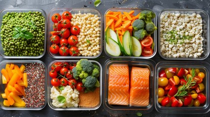 First person top view of healthy fitness meal prep, colorful vegetables, lean proteins, and whole grains, balanced nutrition, raw style, vibrant and detailed