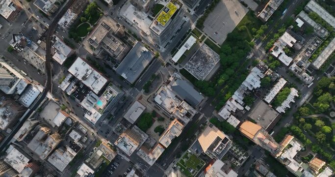 Overhead aerial view of Chicago Downtown urban grid with streets. Modern city with parks