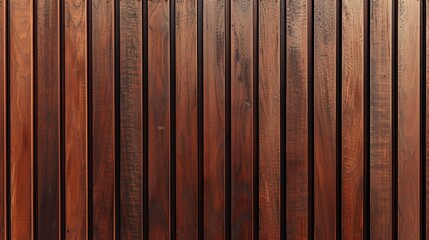 
A mahogany dark wood vertical slat wall covering provides a rich and elegant backdrop. The individual slats, arranged vertically, exhibit a deep, warm tone with subtle variations in color and grain, 