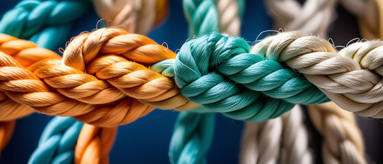 Team rope diverse strength connect partnership together teamwork unity communicate support. Strong diverse network rope team concept integrate braid color background cooperation empower power.