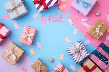 Obraz premium An assortment of wrapped gifts in various colors and patterns on a background of pink and blue, with the word sale written in pink in the center