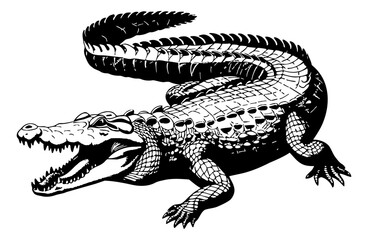 crocodile engraving black and white outline