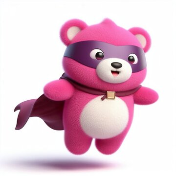 A 3D fluffy superhero cute pink lotso bear with a cloak and mask jumping and flying on a white background