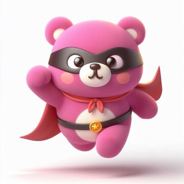 A 3D fluffy superhero cute pink lotso bear with a cloak and mask jumping and flying on a white background