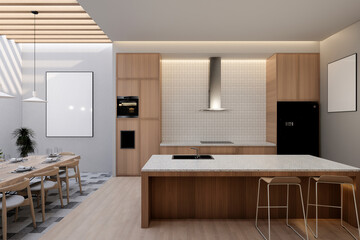 Minimal wood kitchen with island table, 3d illustration render