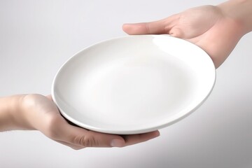 Hands passing white empty plate on neutral background. Close-up studio photograph