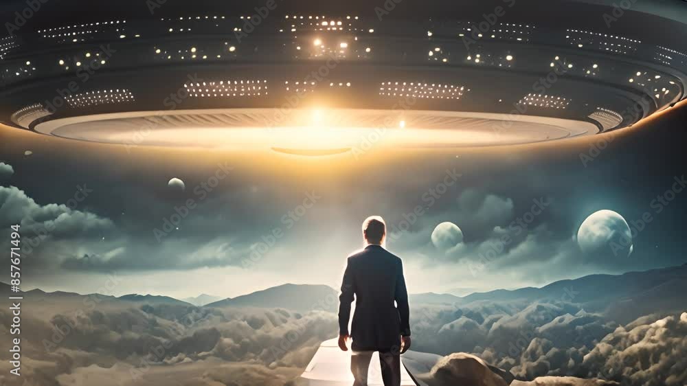 Poster man gazing up at spaceship in desolate landscape generative ai