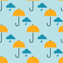 Umbrellas with cloud and raindrop. Seamless patterns. Autumn and spring pattern. Vector flat illustration.