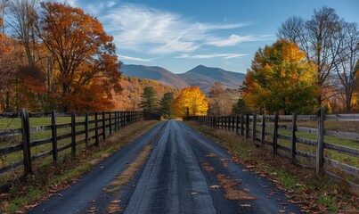 Naklejka premium A charming rural road lined with old wooden fences and trees in full autumn colors, leading towards distant mountains