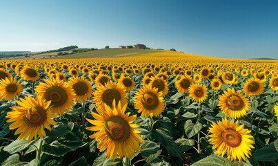 A panoramic view of a vast sunflower field in full bloom under a cloudless sky, with a distant farmhouse barely visible
