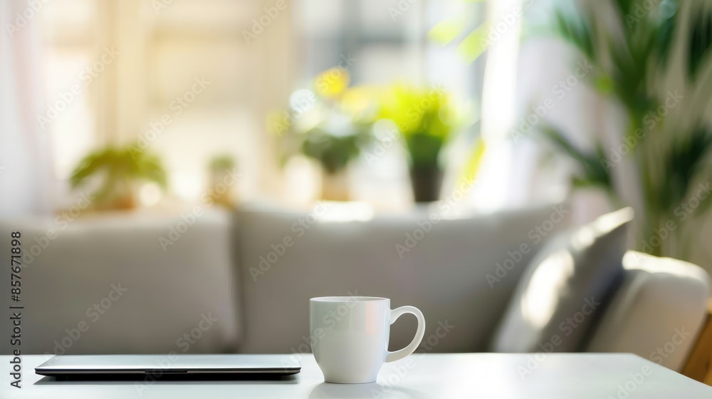 Aufkleber a laptop is open on a table with a coffee cup next to it. generate ai image