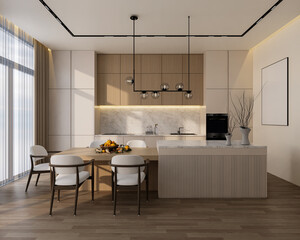 Minimal white kitchen, marble, wooden and dinning table, 3d illustration render