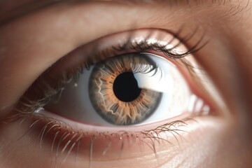 Close-up of a human eye with detailed iris and reflection. Macro shot highlighting the eye structure. Vision and optical 
