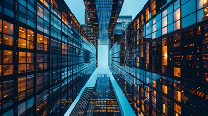 Symmetrical mirrored skyscrapers of Toronto, forming geometric patterns, lines and tunnel, futuristic technology background, raw style