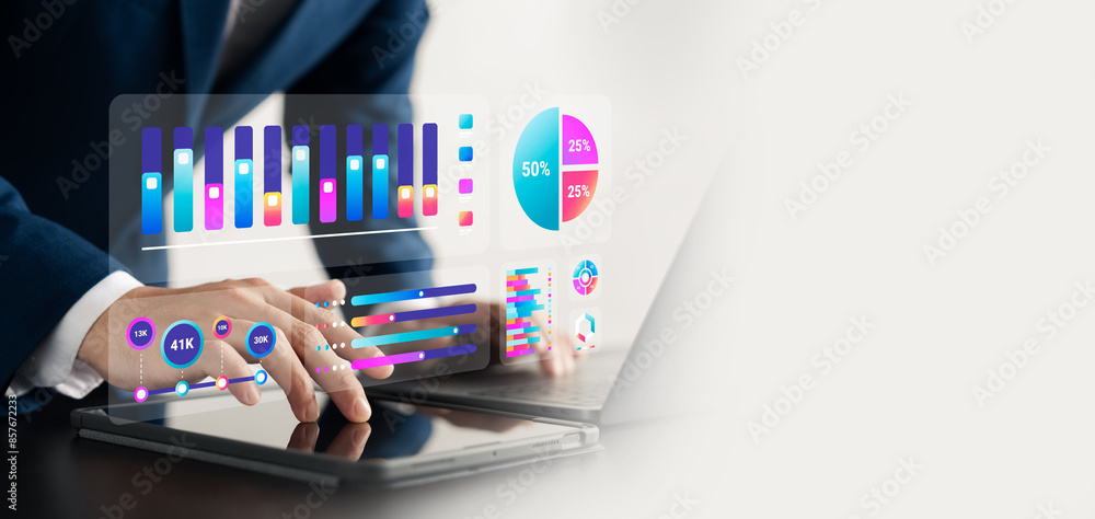 Poster business data analyst with charts on dashboard, analyze, create insightful reports, indicators and k