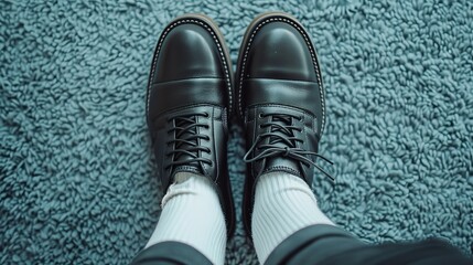 Top-down shot of classic leather shoes with black laces and white stylish socks, first-person perspective, raw and detailed