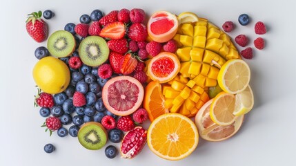 Top-down view of a brain with fruits like berries and citrus, representing healthy food choices, first person perspective, raw and colorful