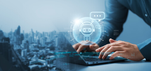 Businessmen use AI Artificial Intelligence technology to access online customer service, Access information in the online network, analyze market data Innovation in industrial product development.