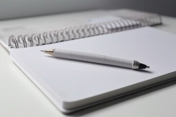 Blank notebook with pen on a white surface. Minimalistic stationery setup. Concept for writing and work, study,  organization