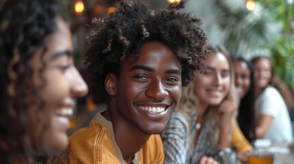 Fototapeta premium A group of smiling men held a meeting in the office, a man with dark skin and curly hair, who was sitting among his Asian friends. Faint green plants could be seen outside the window.