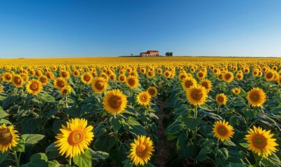 Obraz premium A panoramic view of a vast sunflower field in full bloom under a cloudless sky, with a distant farmhouse barely visible