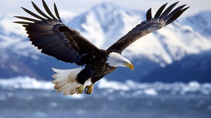 Bald eagle soaring over Alaska Bay near Homer.