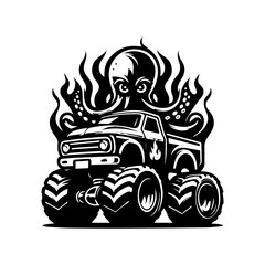 a monster car logo and a giant octopus combine with the burning flames. T-shirt logo design