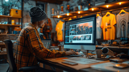 Obraz premium Focused person uses AI to design print-on-demand t-shirts in a creative office.generative ai