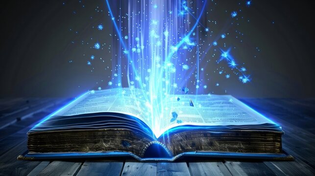 A magical book emits glowing blue light and particles, symbolizing knowledge and fantasy on a wooden surface with a dark background.