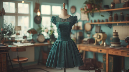 a beautiful green velvet dress on an old fashioned dressmaker's dummy, in a brightly lit office, 1950s,generative ai