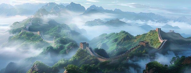 Illustrate a stunning panoramic vista of the Great Wall of China winding across mist-covered mountains