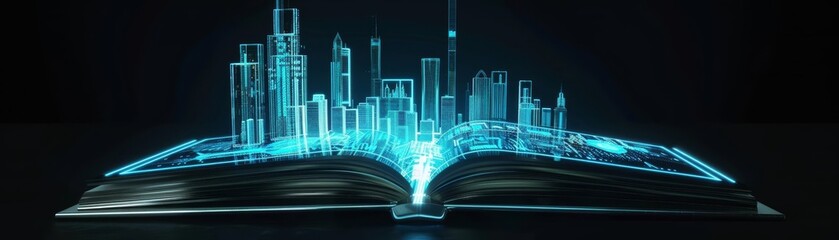 Fototapeta premium Futuristic cityscape emerging from an open book, symbolizing knowledge and innovation in urban development technology.