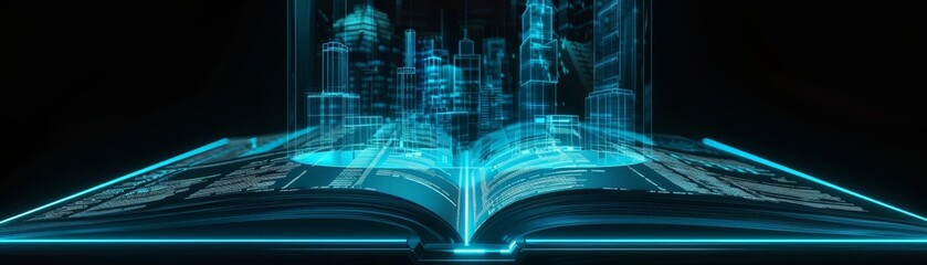 Futuristic digital cityscape emerging from an open book, representing technology, innovation, and the fusion of virtual and real worlds.