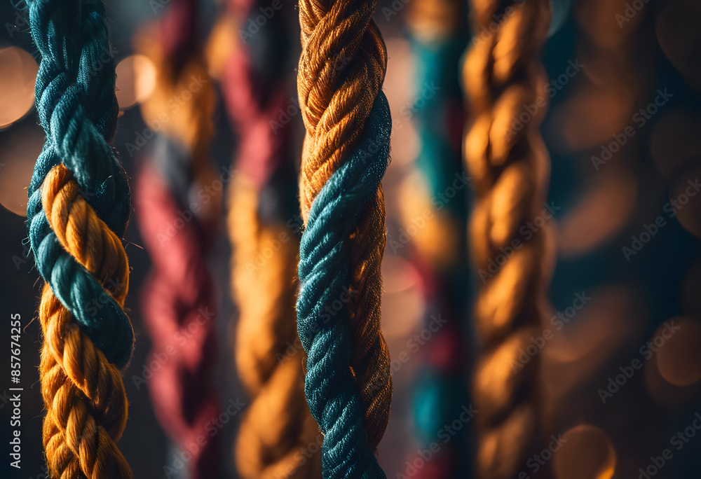 Wall mural Close-up of colorful twisted ropes with a bokeh background.