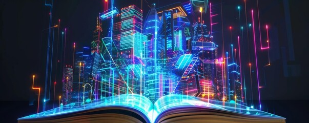 Futuristic open book with holographic cityscape emerging, symbolizing technological progress, knowledge, and innovation in the digital age.
