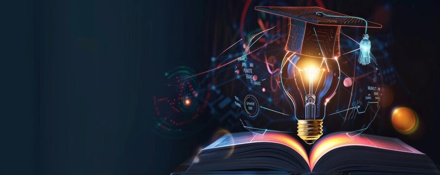 Innovative education concept with light bulb, book, and graduation cap, representing knowledge, learning, and academic success.