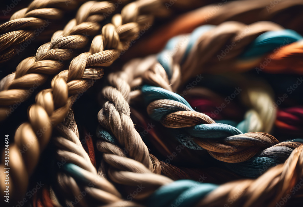 Wall mural Close-up of colorful, intertwined ropes creating a textured pattern.