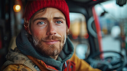 Worker on Forklift Looking at Camera.generative ai