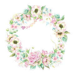 Round watercolor floral frame with baby themed elements, hand painted wreath clipart for baby shower cards, my first year album