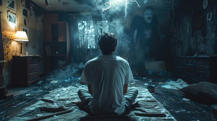 Fototapeta premium Young Man Confronts Ghost in Dimly Lit Room with Mysterious Lightning and Smoky Atmosphere