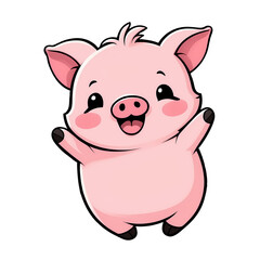 Cute Childish Kawaii Piggy Character Sticker Standing with Big Round Eyes, Pink Snout, and Happy Expression, Thick Black Outline, Generative AI.