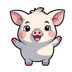 Cute Childish Kawaii Piggy Character Sticker Standing with Big Round Eyes, Pink Snout, and Happy Expression, Thick Black Outline, Generative AI.