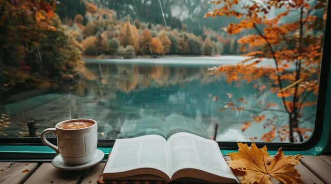 Coffee and book by campervan window overlooking lake landscape
 Seamless looping 4k time-lapse virtual video animation background. Generated AI