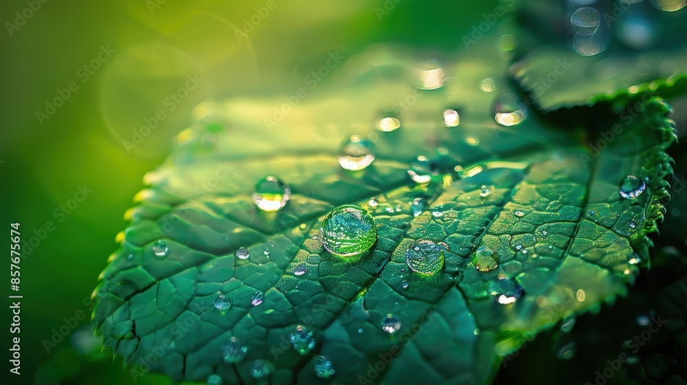 Poster a leaf with water droplets on it. generate ai image