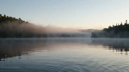 Serene Mystery: Foggy Lake Sunrise Tranquility