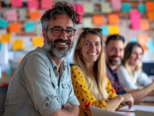 Obraz premium A cheerful team of professionals smiling and collaborating in a colorful office environment filled with sticky notes, representing creativity, teamwork, and a positive work atmosphere.